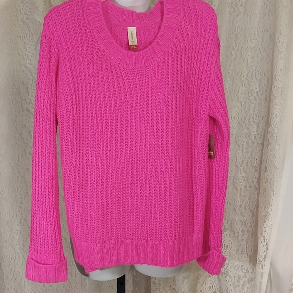 NoBo Lipstick Neon Shocking Pink Shaker Knit Sweater L NWT